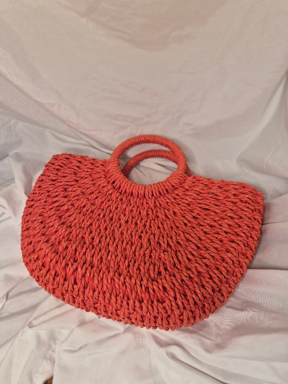 Coral Orange Woven Straw Half Moon Tote Bag Round Top Handle Summer Beach Boho - Picture 4 of 6